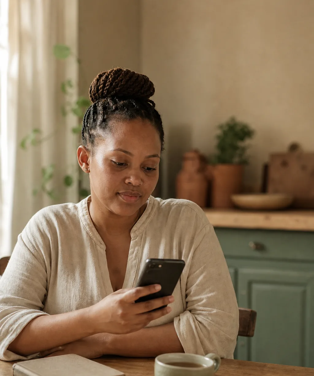 A woman checking loan costs on her phone at a kitchen table in warm afternoon light