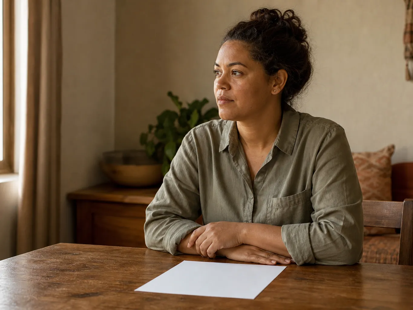 A woman at a table with a single sheet of paper, resolved
