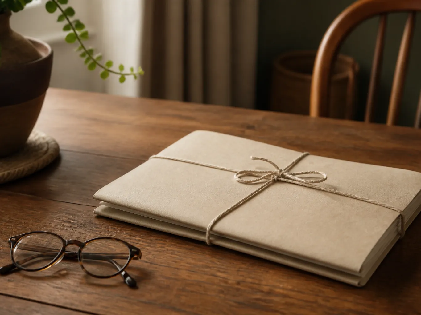 A closed folder and reading glasses on a wooden desk