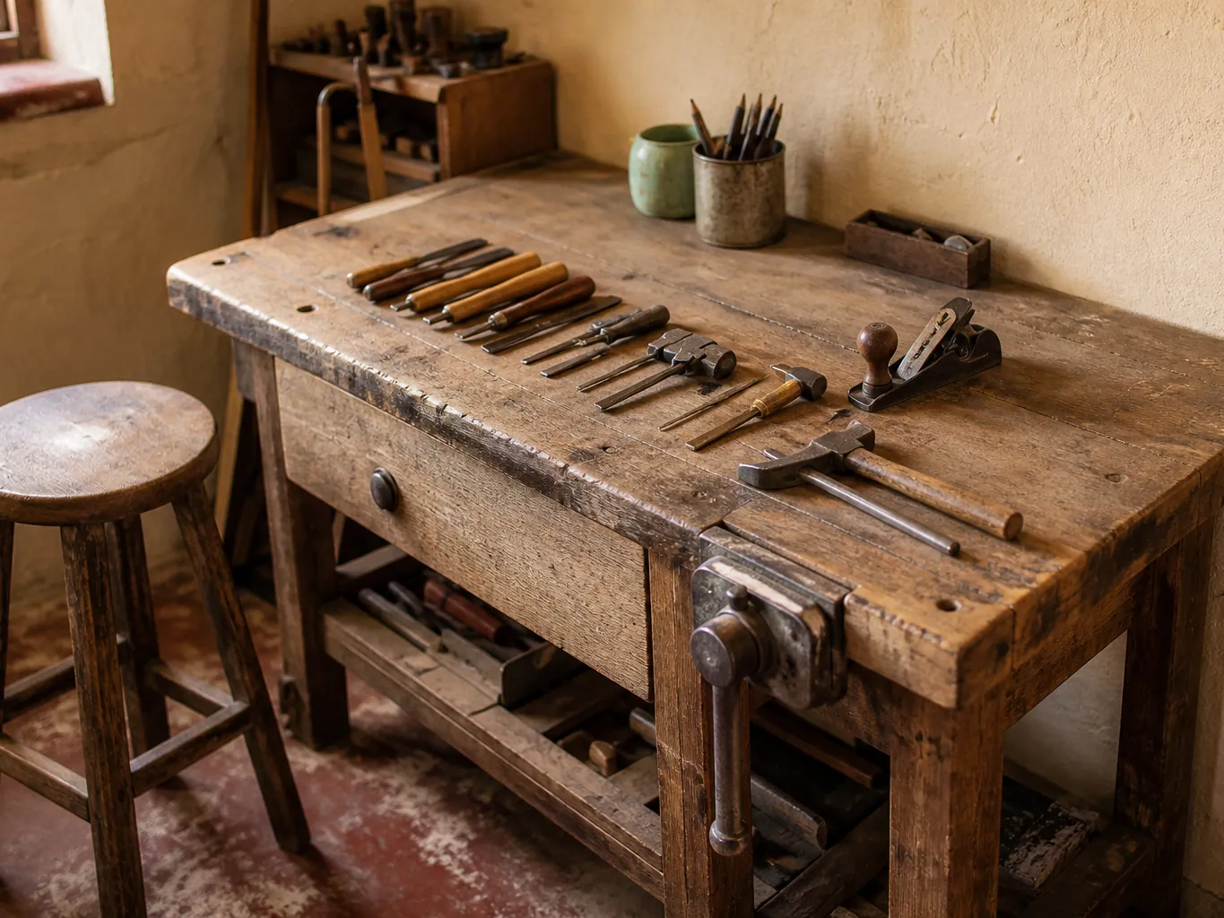A small workshop bench with hand tools laid out