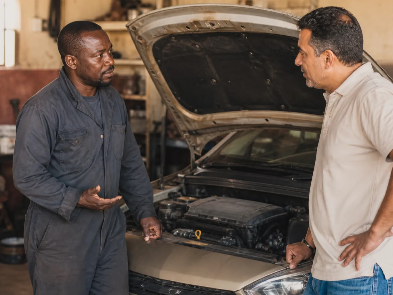 A mechanic and a car owner talking beside an open bonnet