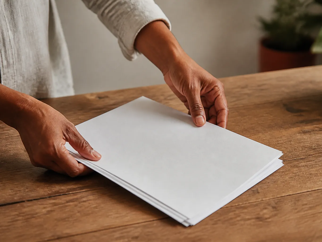 Hands gathering loose papers into a single neat stack