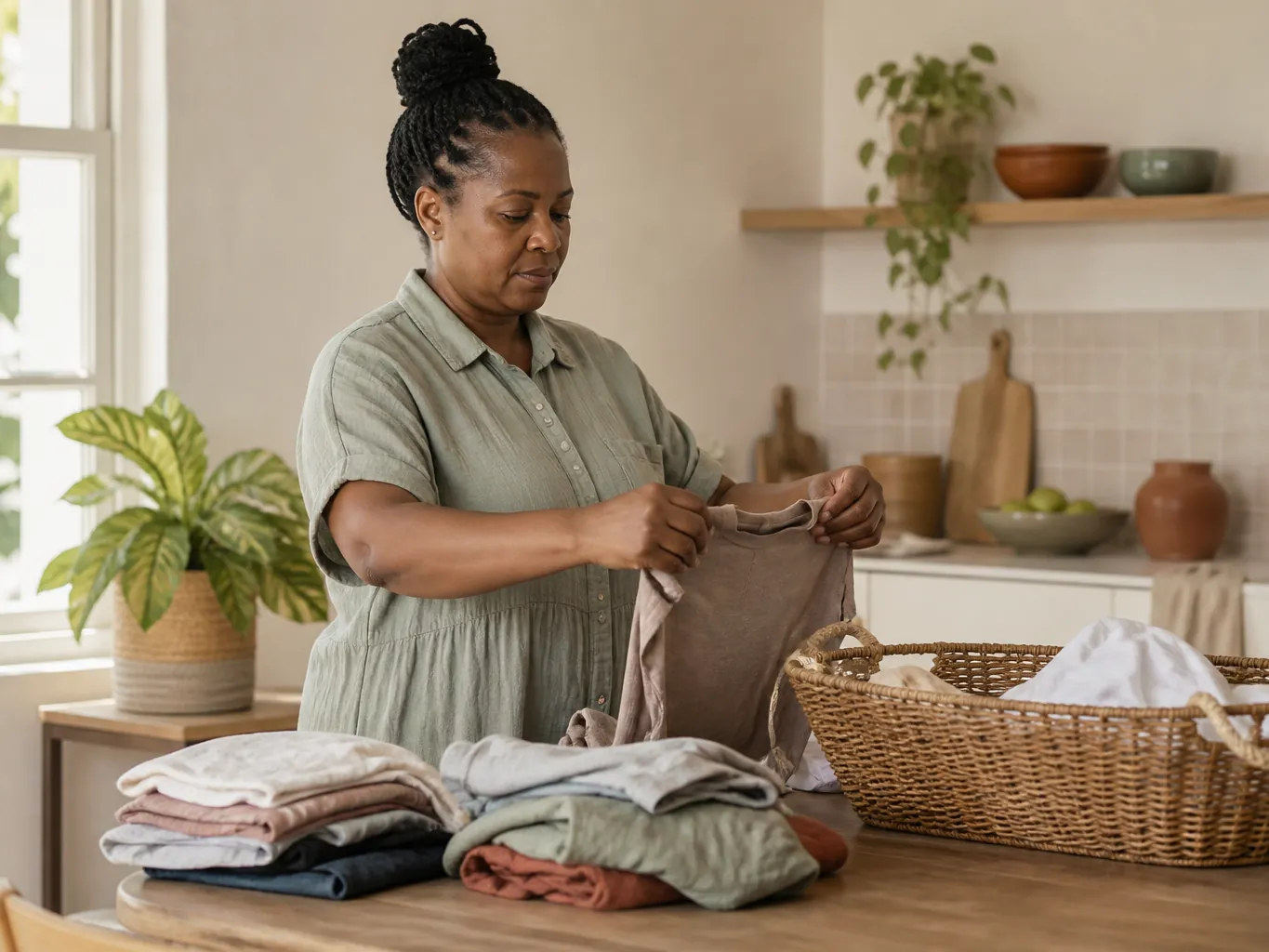 A woman folding laundry at a table in a bright kitchen