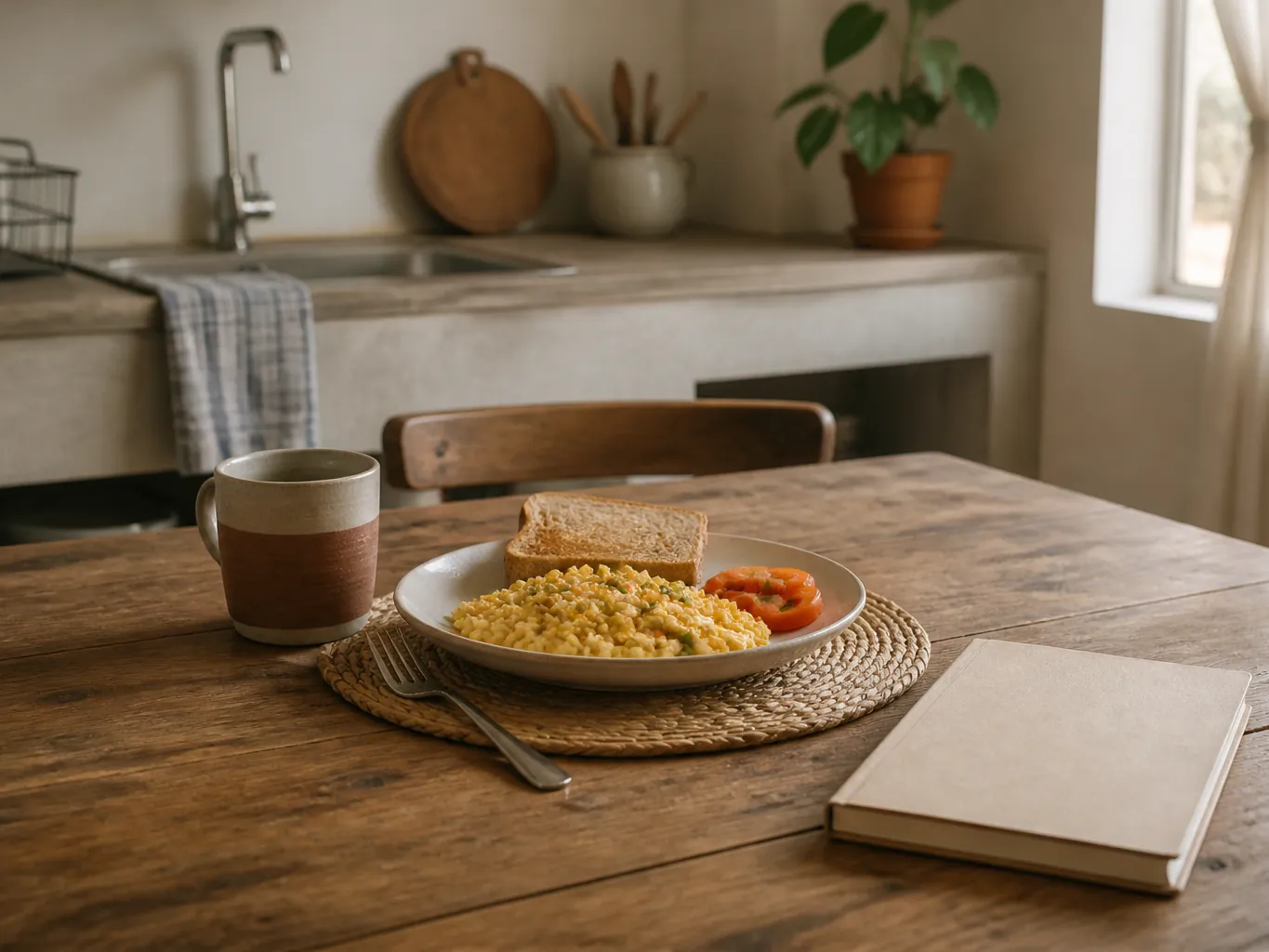 A modest kitchen table set for one with a notebook