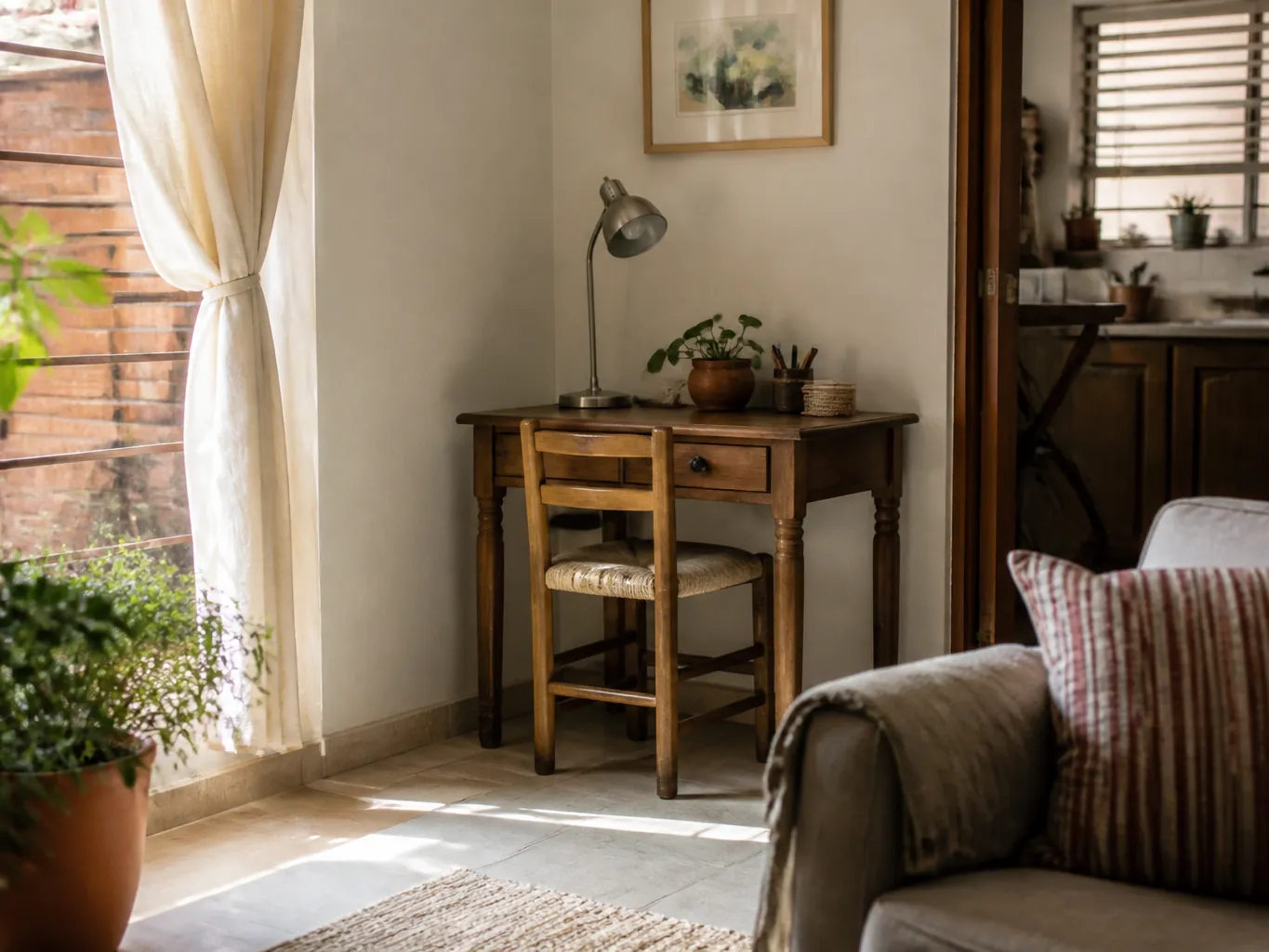 A small home desk in the corner of a living room