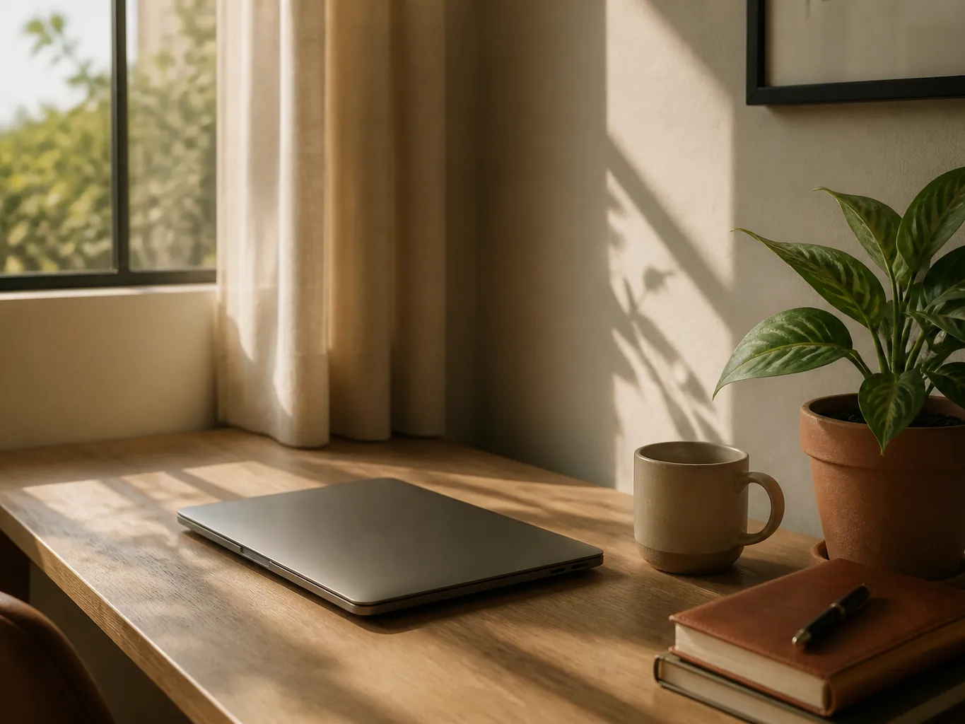 A tidy home office corner with a closed laptop and a plant