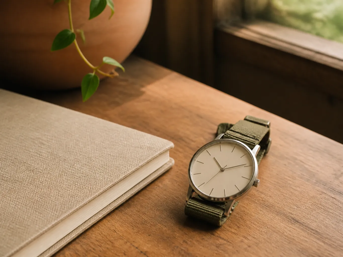 A wristwatch beside a closed notebook on a desk