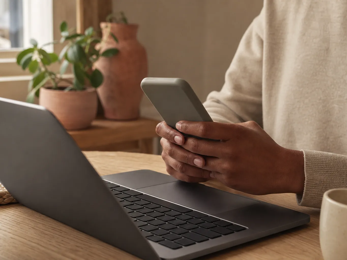 Hands holding a phone above a laptop on a wooden table
