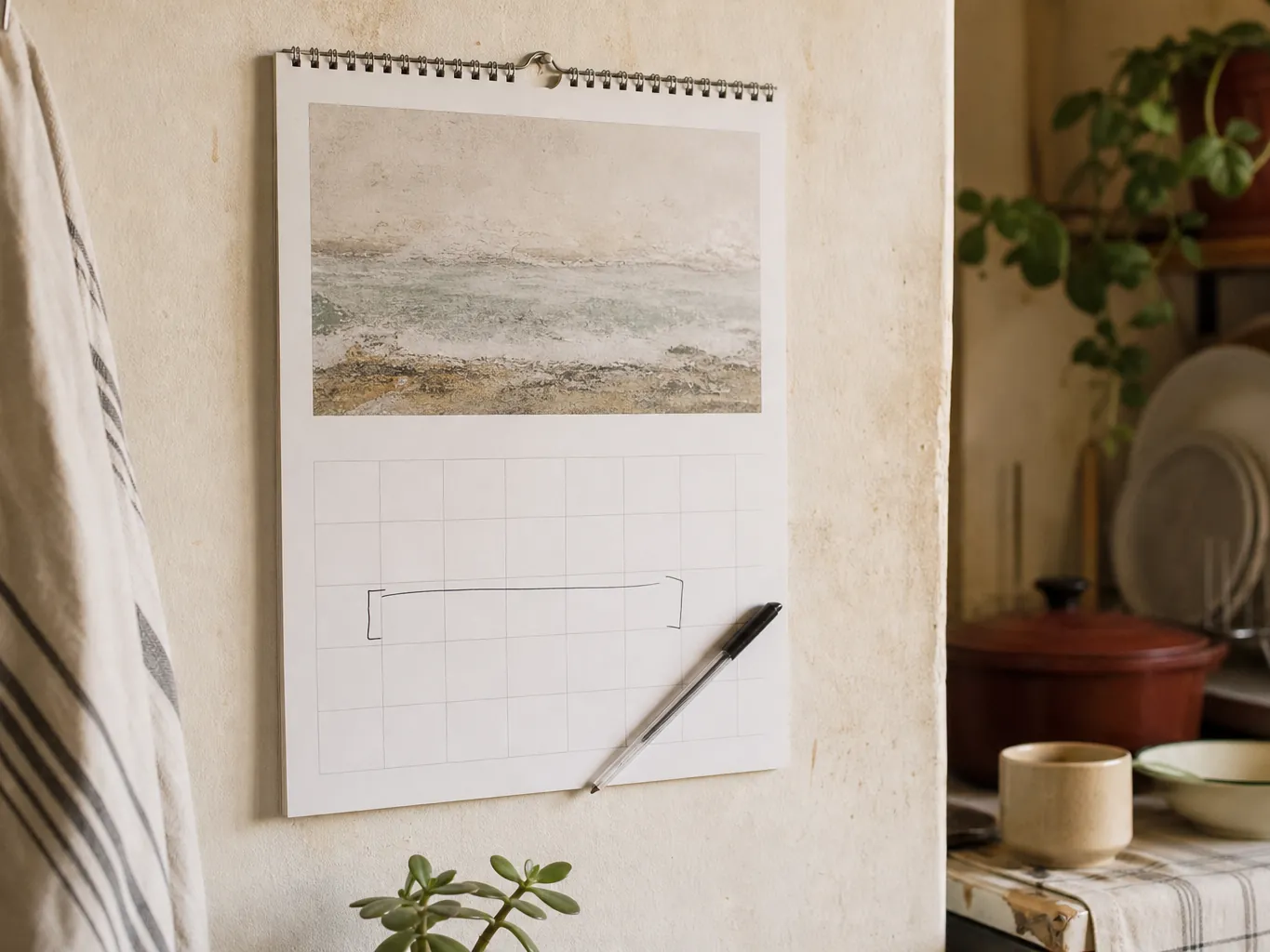 A wall calendar with a pen resting across one week