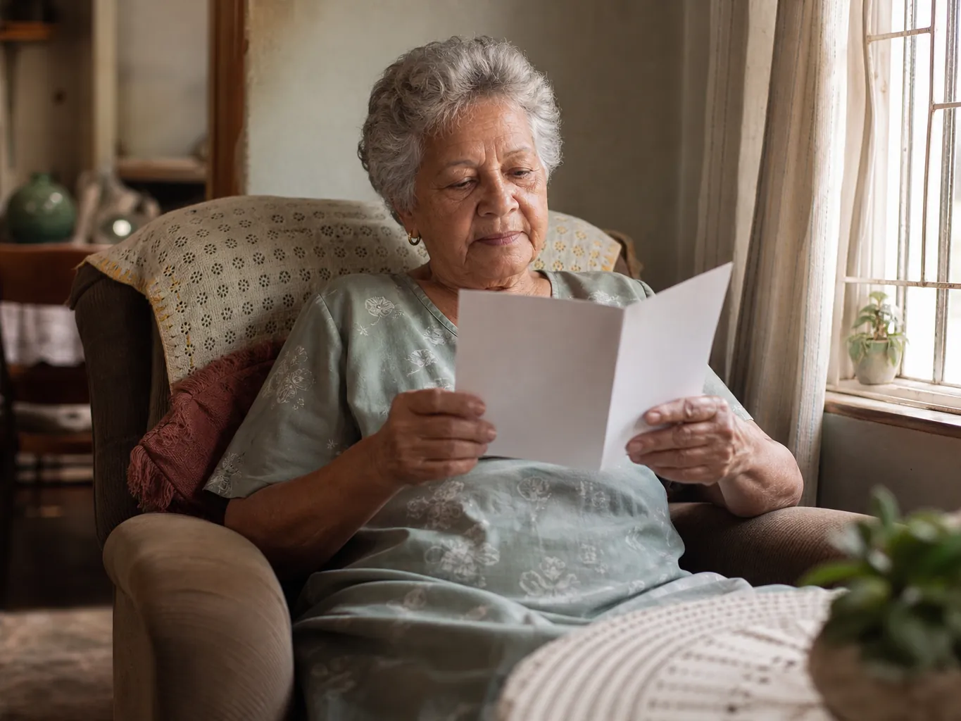 An older woman reading a letter by a window at home