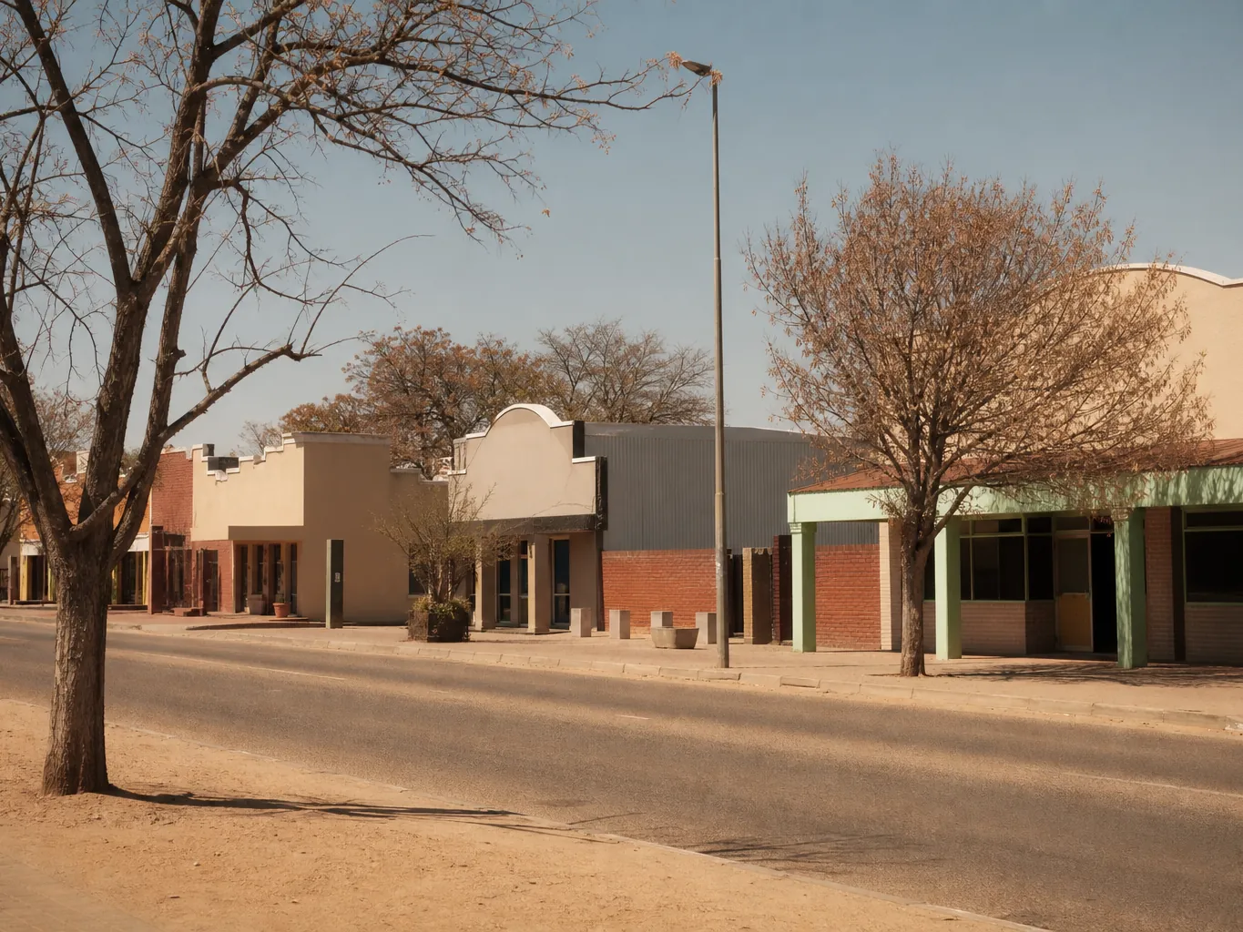 A Polokwane street with low shopfronts in warm light