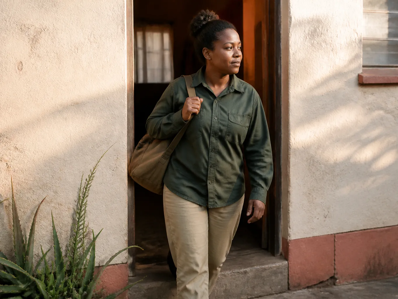 A person leaving a doorway into morning light with a bag