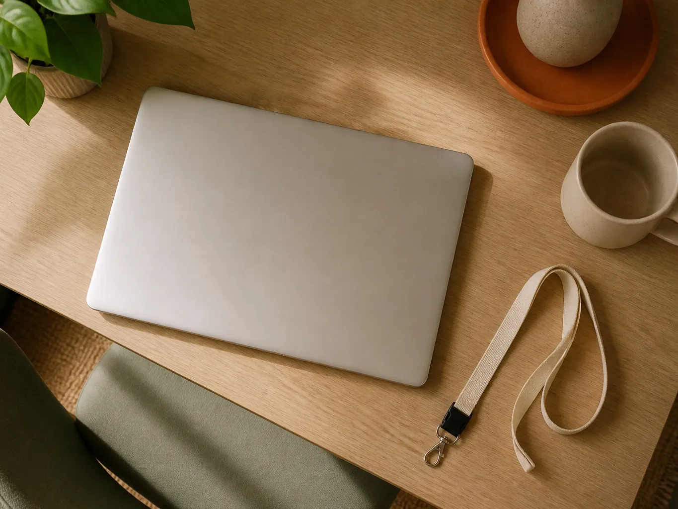 A closed laptop, a lanyard and a mug on an office desk