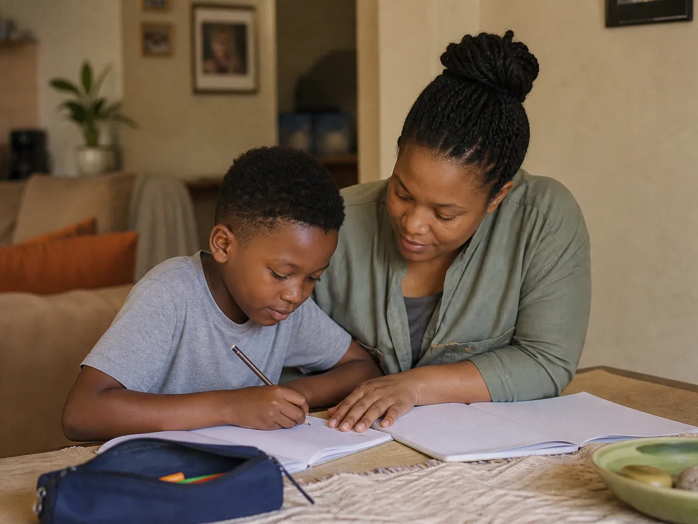 A parent and child working through homework at a table