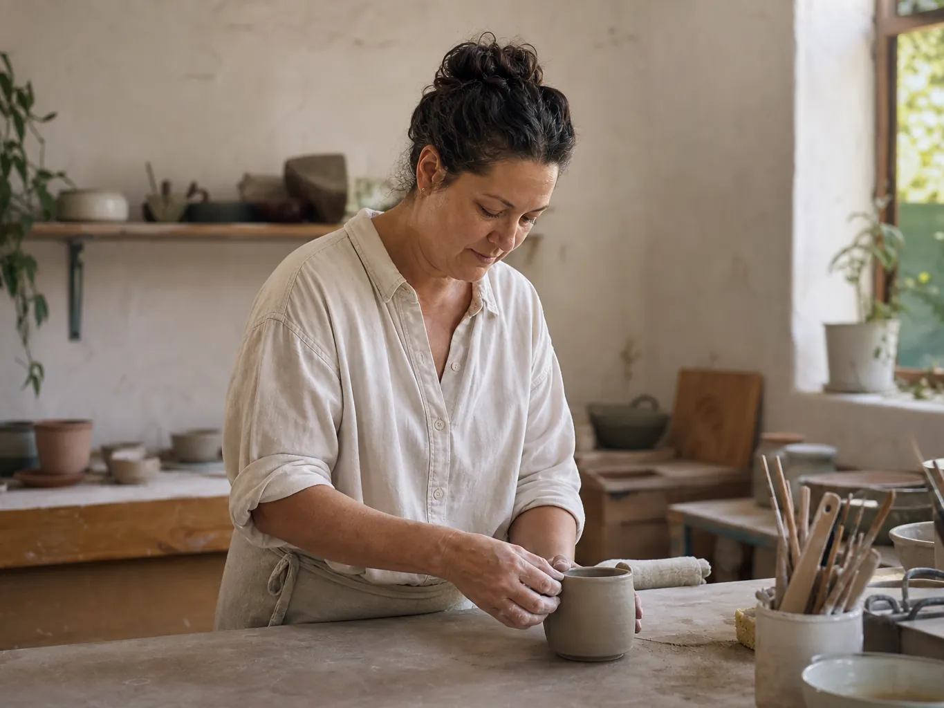 A woman at a workbench in a small studio