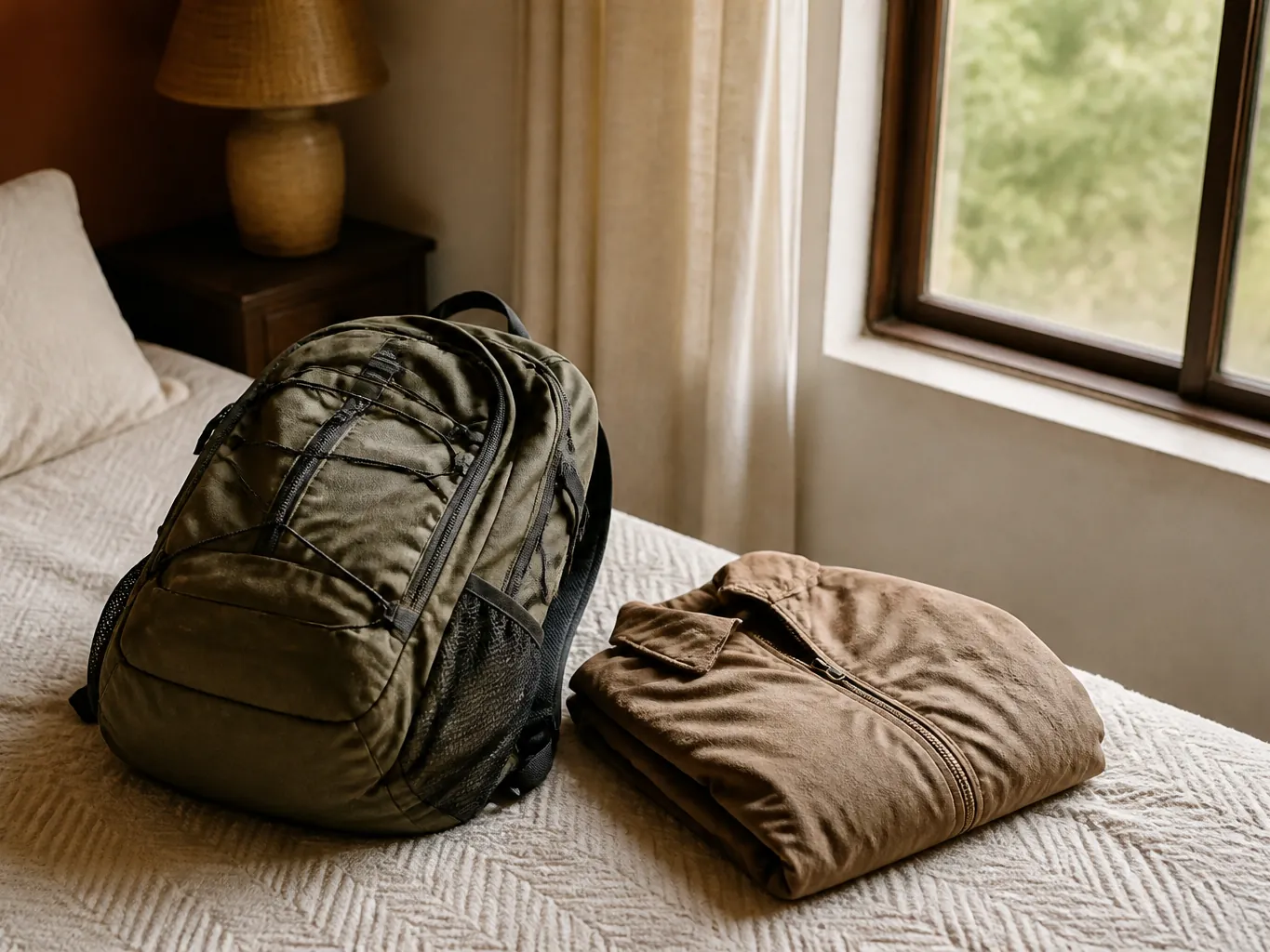 A packed rucksack and folded jacket on a bed