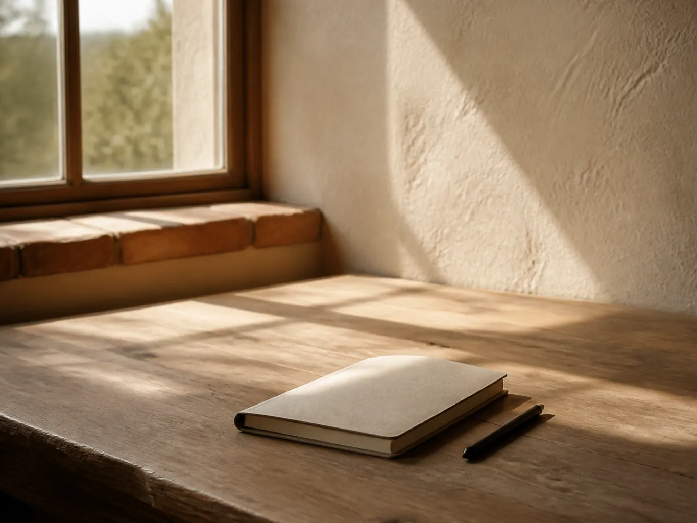 A notebook and pen alone on a wooden table by a window