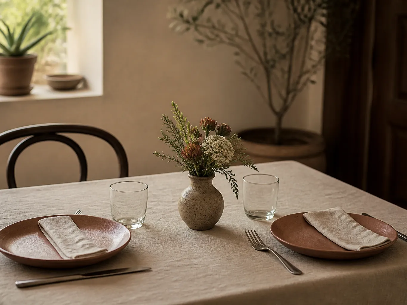 Two place settings and a small flower arrangement